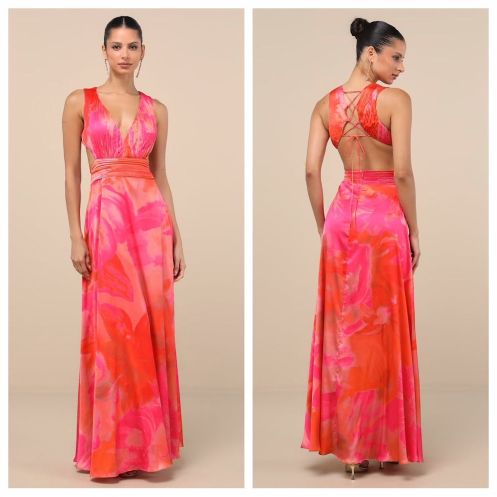 Lulu's Dedra Pink and Orange Abstract Pleated Maxi Dress